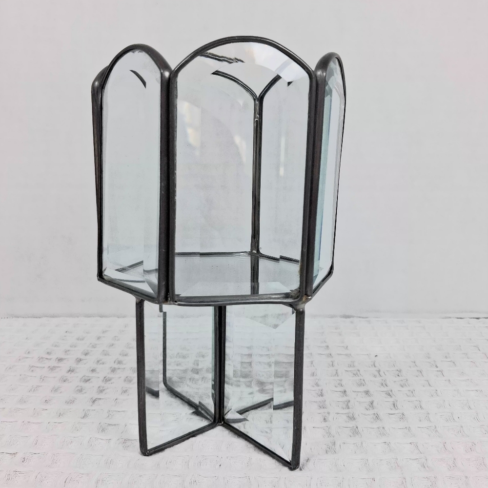 Geometric Leaded Candle Holder Clear Beveled Multi Paneled Arched Hexagon